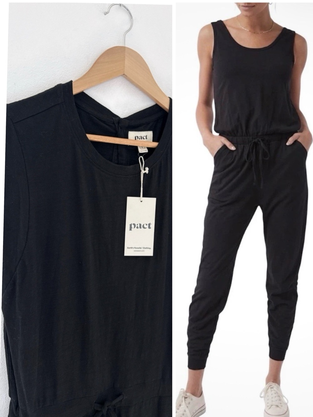 NWT Pact Organic Cotton Jumpsuit Relaxed Slub Muscle Tee Pockets Black Small